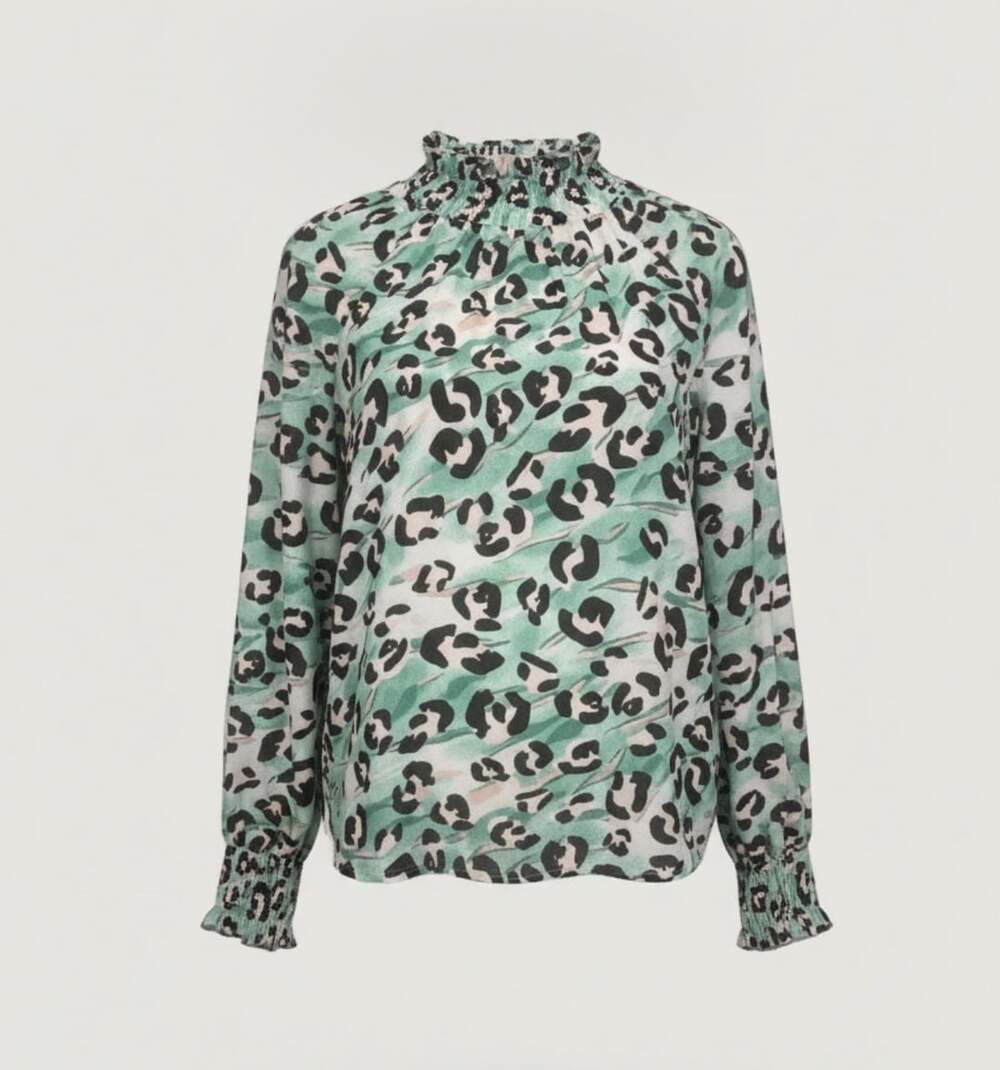 Nine West Blouse Size XL Green Animal Print Mock Neck Long Sleeve